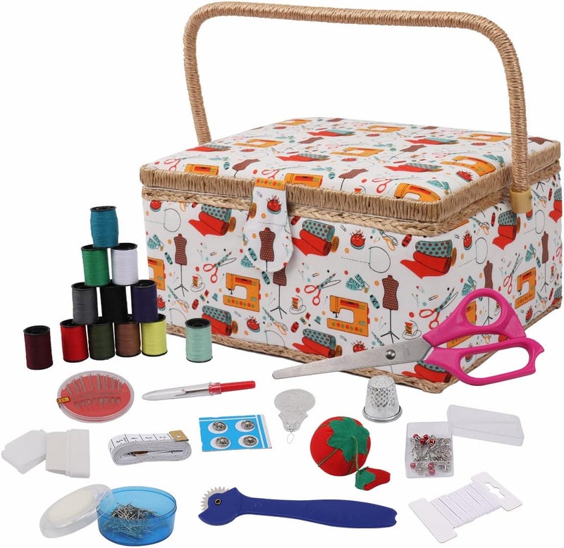 Nice Day Sewing Basket, Classic Fabric Design Sewing Kit Accessories Large Sewing Box Sewing Supplies Organizer and Storage Portable Sewing Kit Embroidery Box, 12.2 x 9.06 x 6.69 in（Big/Sewing Theme White） - Image 1